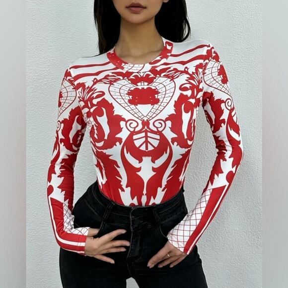 Last One! HOT Baroque Design Bodysuit Red White Sz M - Picture 3 of 5